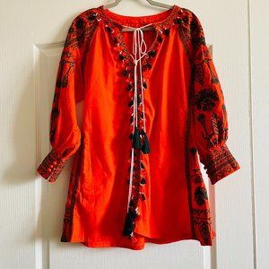 Embroidered Ethnic Tassel Cotton Tunic Size L NWOT